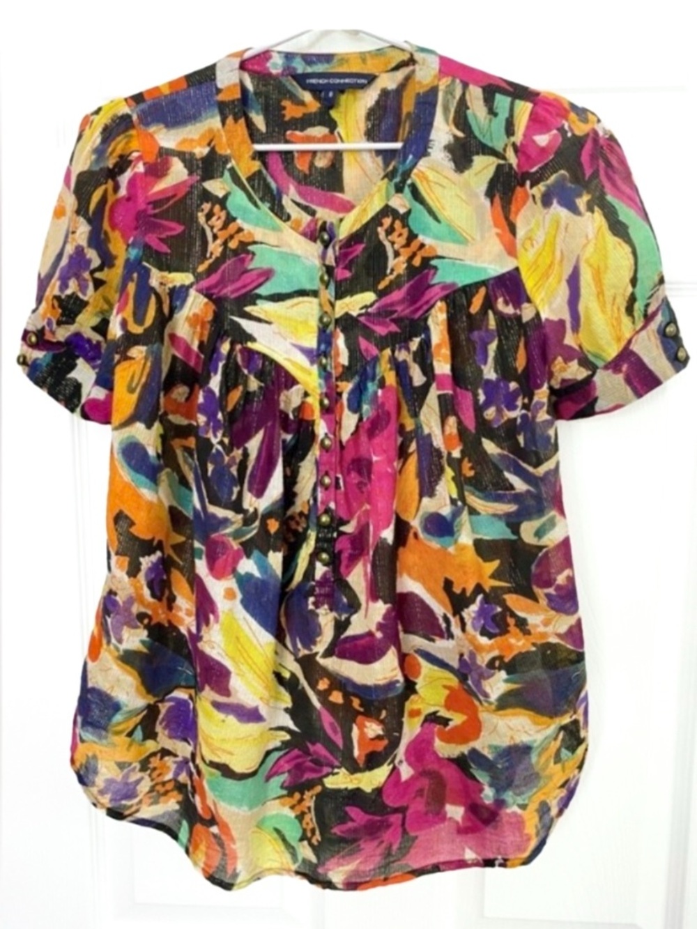 French Connection Multicolor Floral Blouse w/ Gold Vertical Threads
